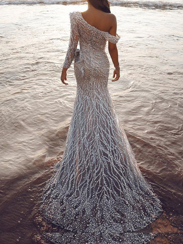 Woochic robe longue moulante à volantée fendue cuisse une épaule brillante paillette mode soirée